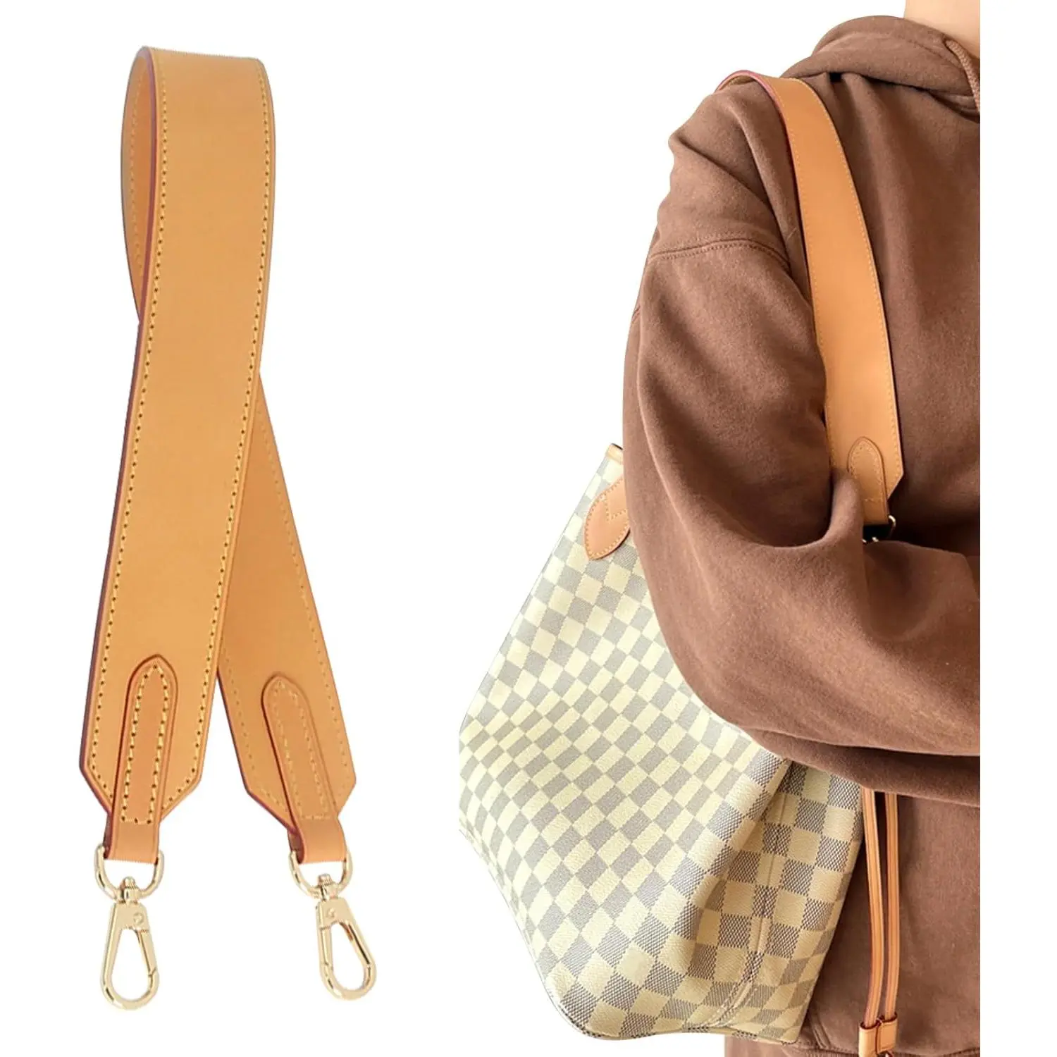 Ankes Genuine Vachetta Leather Replacement Shoulder Strap, 26 In, Light Gold Buckle, Compatible With Neverfull Tote