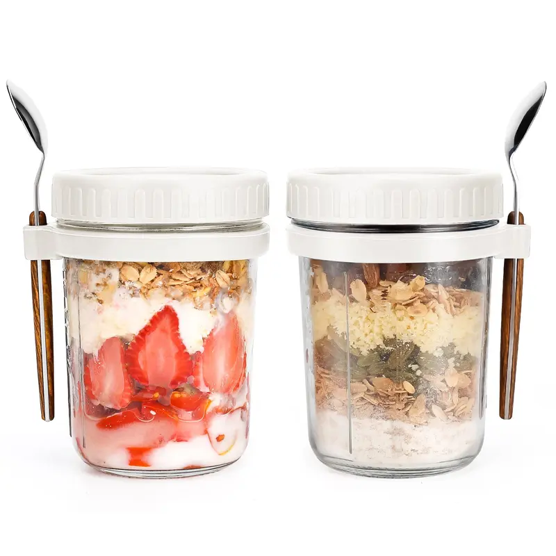 Overnight Oats Jars with Spoon and Lid 16 oz [2 Pack], Airtight Oatmeal Container with Measurement Marks, Mason Jars with Lid for Cereal On The Go Container
