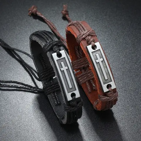 Men's Vintage Woven Leather Strap Bracelet with Cross Charm, Adjustable for Everyday Wear, Fits 2.17-2.95 in Wrists, Adjustable Slip-On Clasp, Father's Day Gifts, Faith, Fashion