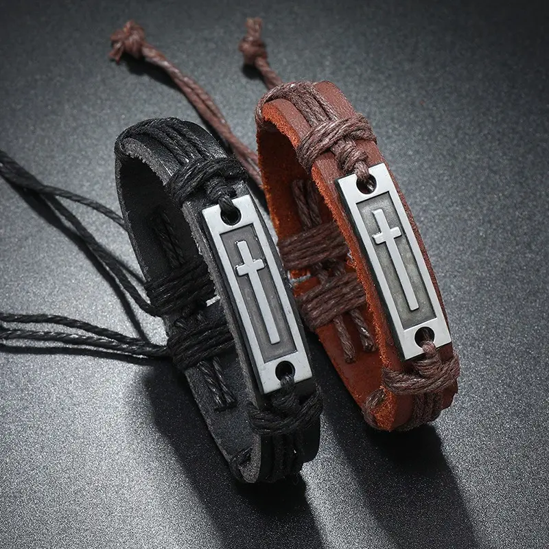 Men's Vintage Woven Leather Strap Bracelet with Cross Charm, Adjustable for Everyday Wear, Fits 2.17-2.95 in Wrists, Adjustable Slip-On Clasp, Father's Day Gifts, Faith, Fashion