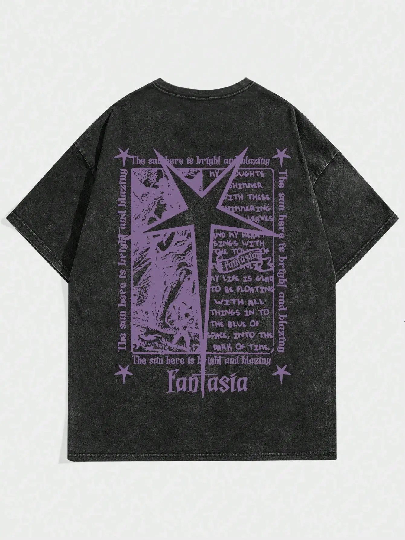 Vintage Fantasia Dark Gothic T‑Shirt, Purple Star Cross Poem Graphic Washed Black Cotton Oversized Short Sleeve Tee, Retro Alt Aesthetic Casual Crewneck Shirt