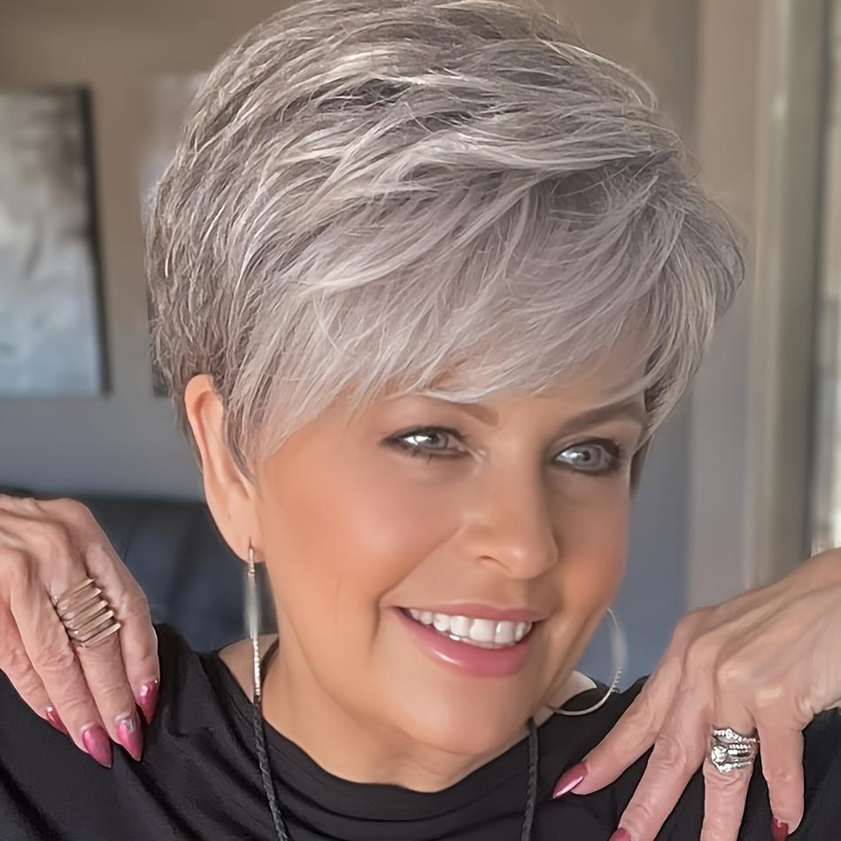 Women's Grey Glueless Pixie Cut Human Hair Wig, 180% Density Brazilian Hair, Short Straight Rose Net Cap, Natural Look Heat Stylable for Daily & Party Wear
