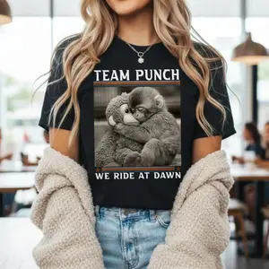 100% pure cotton Team Punch We Ride At Dawn Monkey Hugging Graphic T Shirt Black Casual Wear For Women Coffee Shop Outing Streetwear Fashion # TeamPunch, # Punchthemonkey
