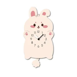 "Clover" - Cute Rabbit Shaped Pendulum Wall Clock, Cartoon Style, MDF, 13.6'x6.9'x1.8', White Gift Box