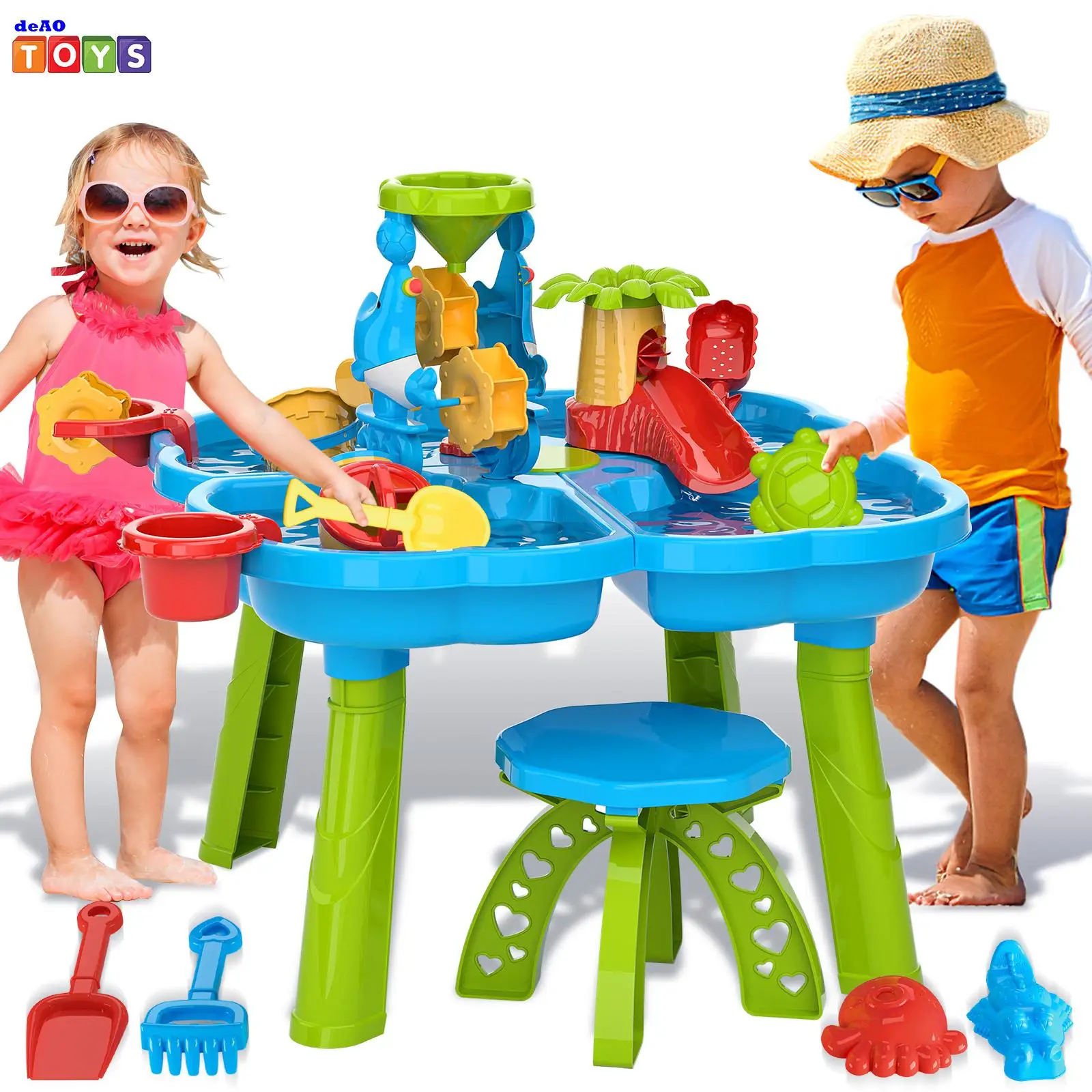 deAO Sand Water Table Toy Sensory Table Outdoor Sand and Water Play Table Summer Beach Toys Table Activity Sand Water Toys Backyard Outdoor Outside To