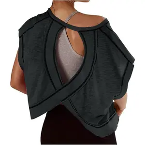 OversizedTshirtsforWomenSummerShortSleeveOpenBackWorkoutTopsCasualBacklessCropTopsTeesShirtsBlackWomenswear