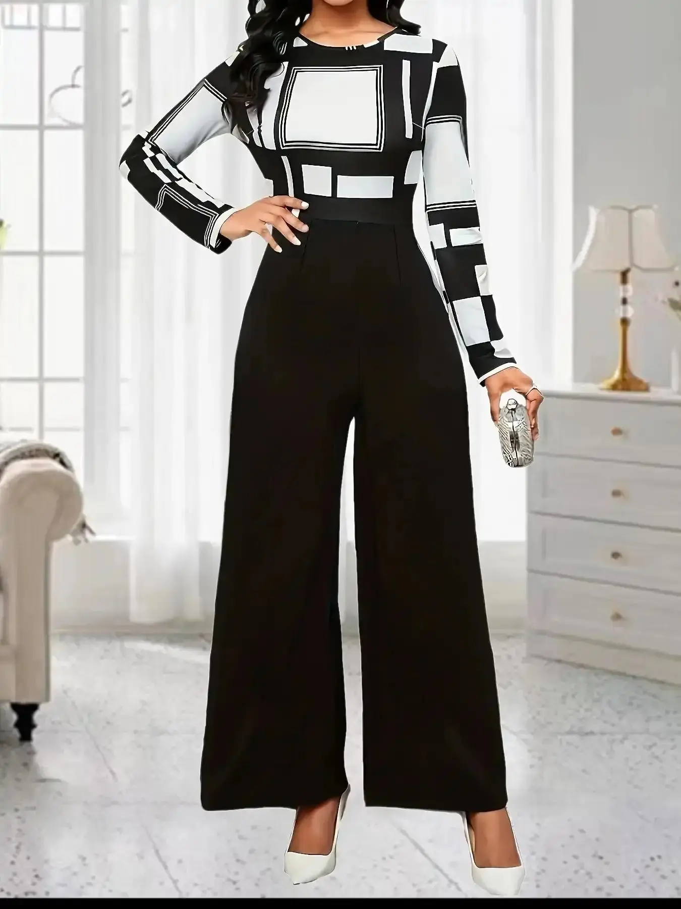 Women's Patchwork Geometric Print Fitted Jumpsuit, Elegant Fashion Casual Crew Neck Long Sleeve for Daily Outdoor Wear, Women Jumpsuits Spring Fall, Womenswear Elegance, Crewneck minimalist elevated basics