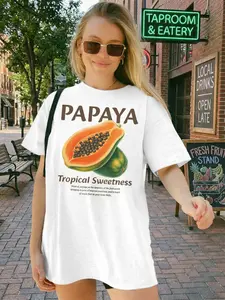 Women's "PAPAYA Tropical Sweetness" Graphic T-Shirt - Vintage Papaya Illustration & Typography Print, Classic Crew Neck Relaxed Fit, Perfect for Summer Vacations, Tropical Style & Fruit Lover Self-Expression, Tropical Fruit Statement Tee, Casual