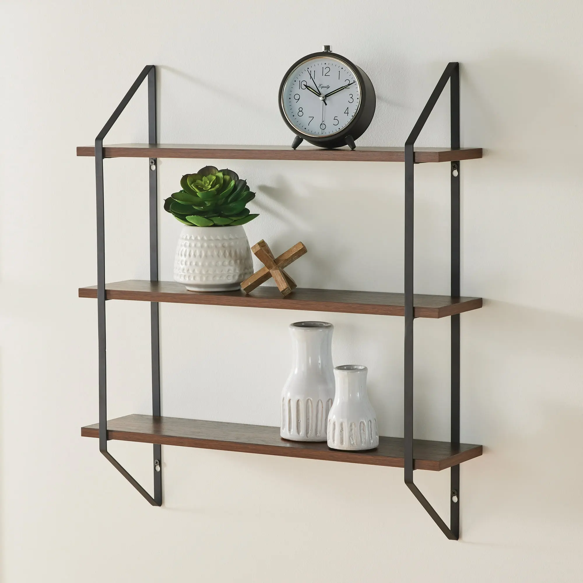 Better Homes & Gardens 20" 3-Tier Wall Shelf with Metal Brackets, Walnut Woodgrain Floating Display Shelves for Living Room, Bedroom, Bathroom & Entryway Wall Shelves for Home Decor, game display shelf
