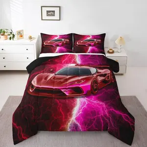 Sports Car Comforter Set,Hot Pink Red Race Car Bedding Set for Kids Teens,Racing Cars Quilt,Lightning Racecar Bed Comforter Sets Pattern Blanket