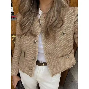 Women's New Year/Valentine's Day Set, Casual Retro Textured Metal Single-Breasted Round Neck Short Gold Wool Fleece Jacket, Winter