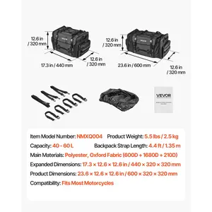 VEVOR Motorcycle Tail Bag, 40-60 L Expandable Motorcycle Rear Seat Bag with Waterproof Rain Cover, Foldable Outdoor Sports Motorbike Luggage Storage with Shoulder Straps, Pocket Elastic Cord, Black