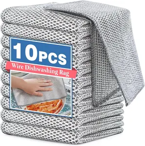 10 Counts Non Scratch Wire Dishcloth Multipurpose Wire Dishwashing Rag Metal Scrubbers for  for Wet and Dry Cleaning, 2-Layer Kitchen Cleaning Cloth Cleaning Tool