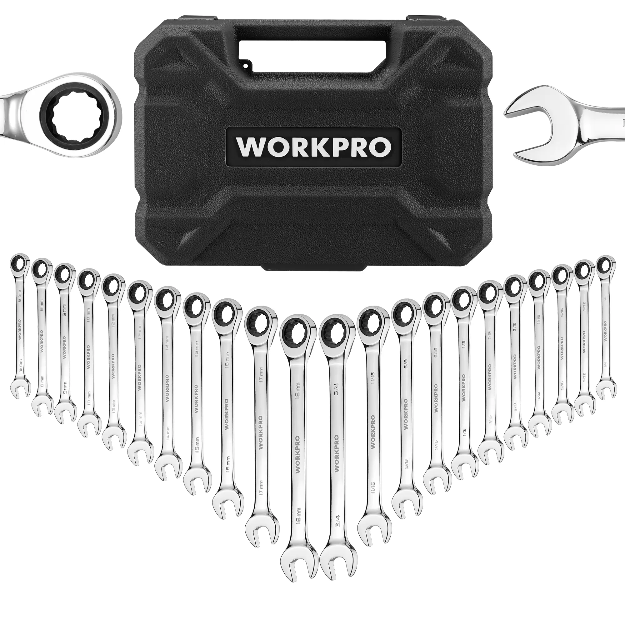 #fathersdaygift WORKPRO 22-Piece Ratcheting Combination Wrench Set, 72 Teeth, Combo Ratchet Wrenches Set with Organizer Box, Metric 6-18mm & SAE 1/4-3/4"