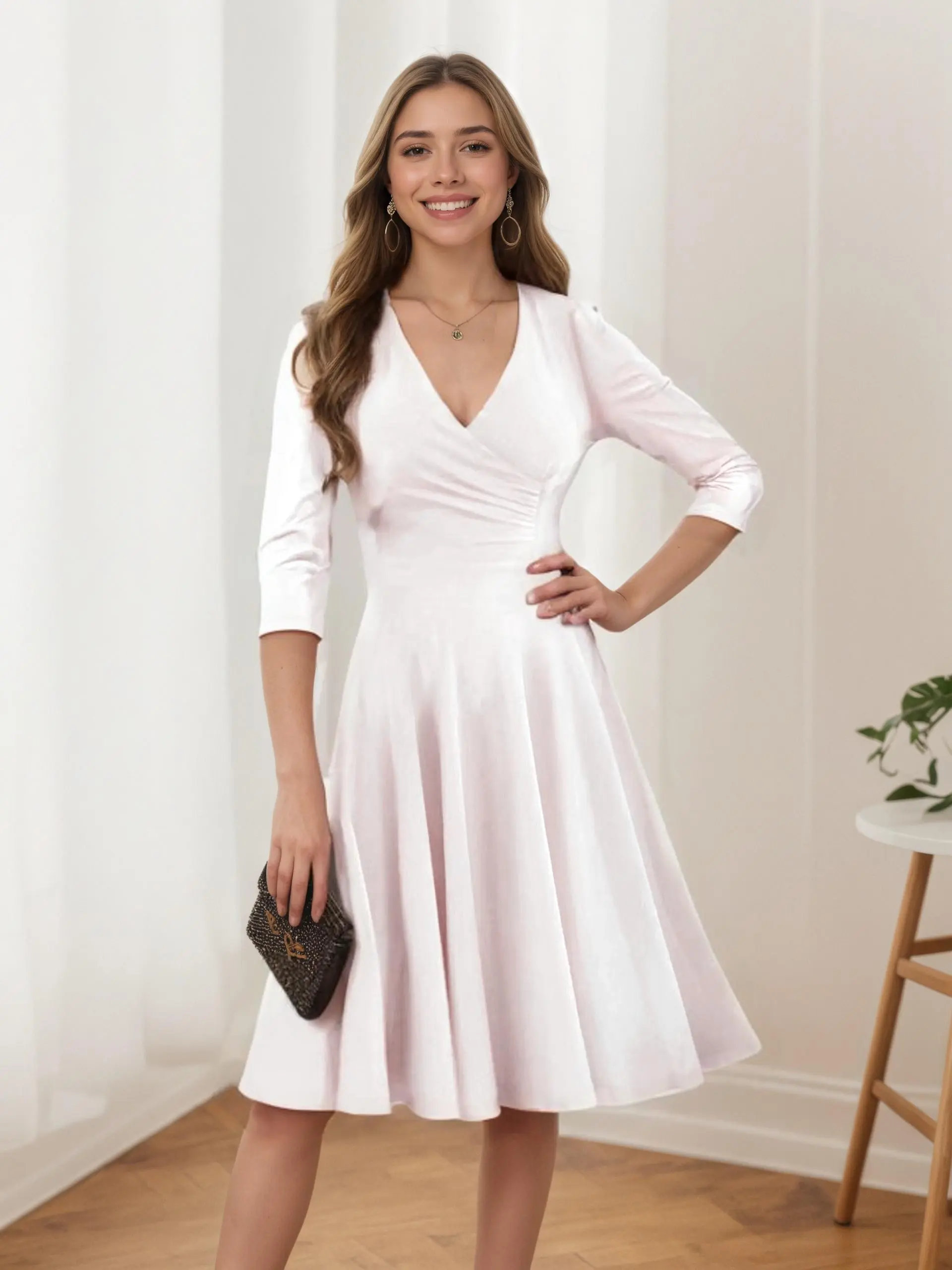 Women's Formal V-neck Slimming 3-Quarter Sleeve Stylish Elegant Dress Womenswear Casual Cocktail Solid Dresses To Wear To A Wedding Elegant White Dress Chic Workwear Basic Minimalist
