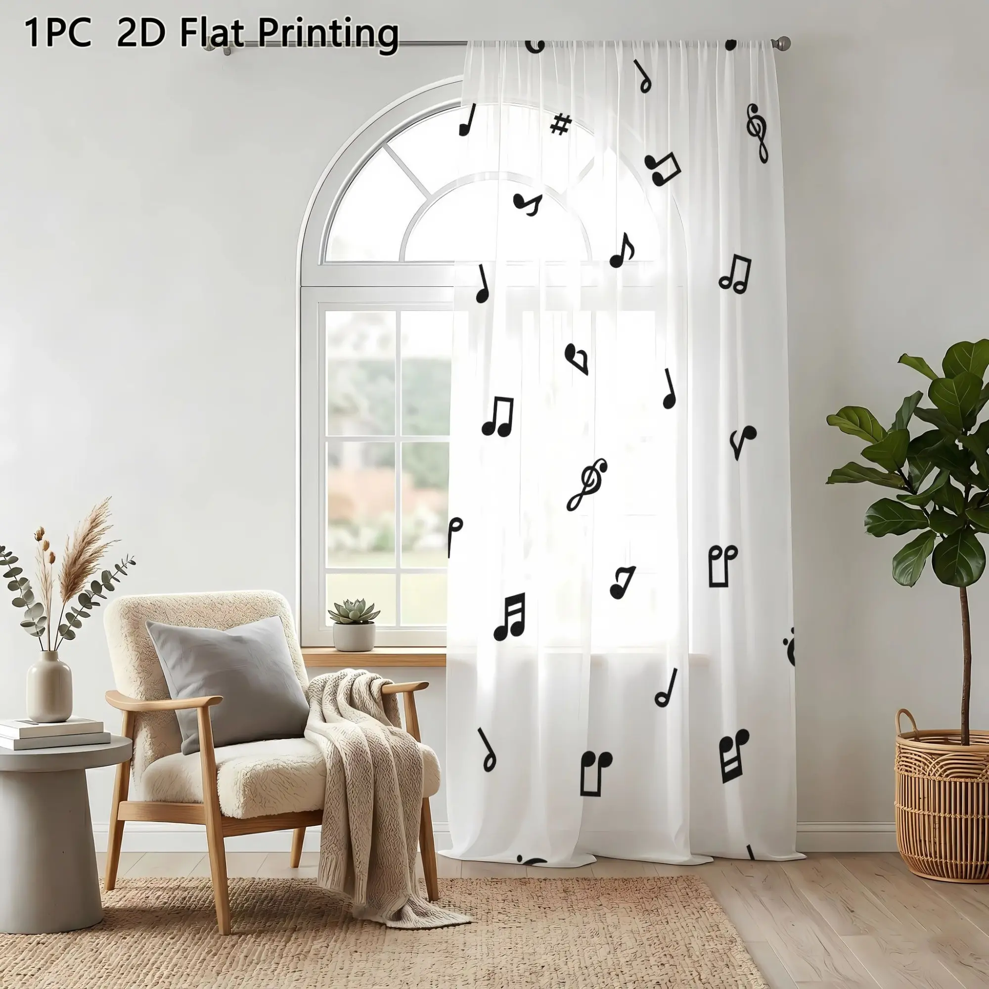 1pc Note Print Sheer Window Curtain, Minimalist Music Symbol Curtain, All Seasons, Suitable for Bedroom, Study Room, Music Room, Studio, Curtains and Nettings