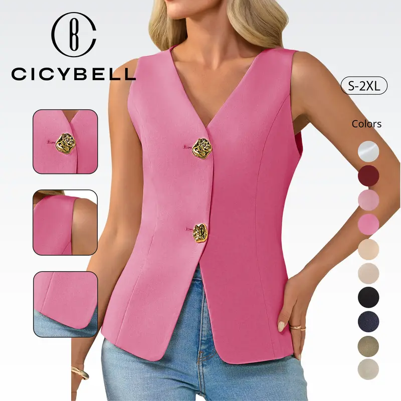 Cicy Bell Womens Summer V Neck Vest Tops Button up Sleeveless Casual Waistcoat Business Fitted Blazer vest