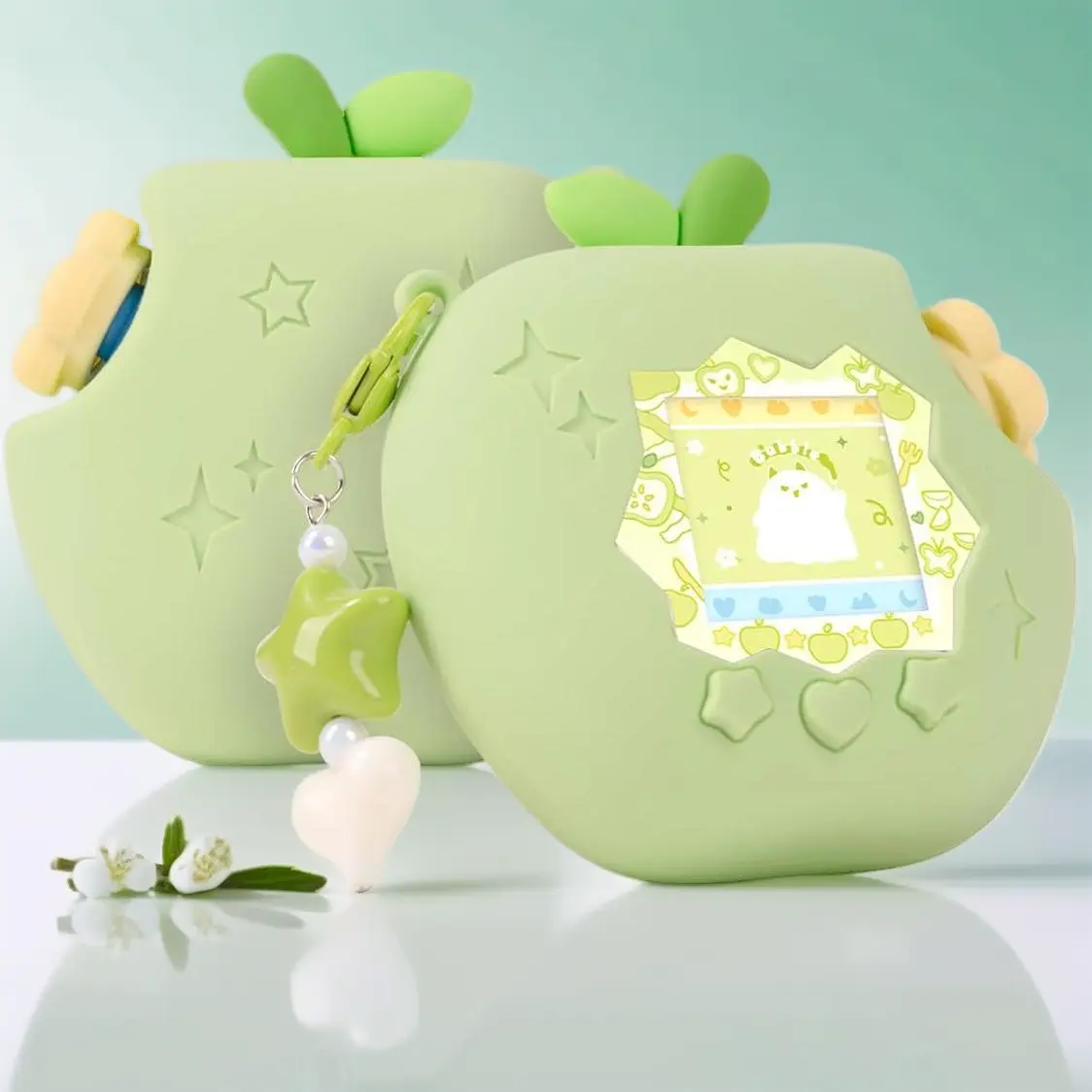 Shockproof Silicone Protective Cover Kit for Tamagotchi Paradise with Faceplate Flower Dial Cap and Kawaii Charm Accessories for Girls Adults Green