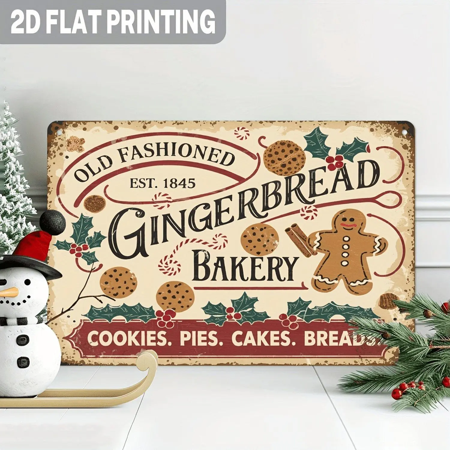 2D Flat 1pc Gingerbread Bakery Prints 8x12in Rustic Farmhouse Art with Cookies and Pies Design Christmas Kitchen Living Room No Power Needed Easy Hang