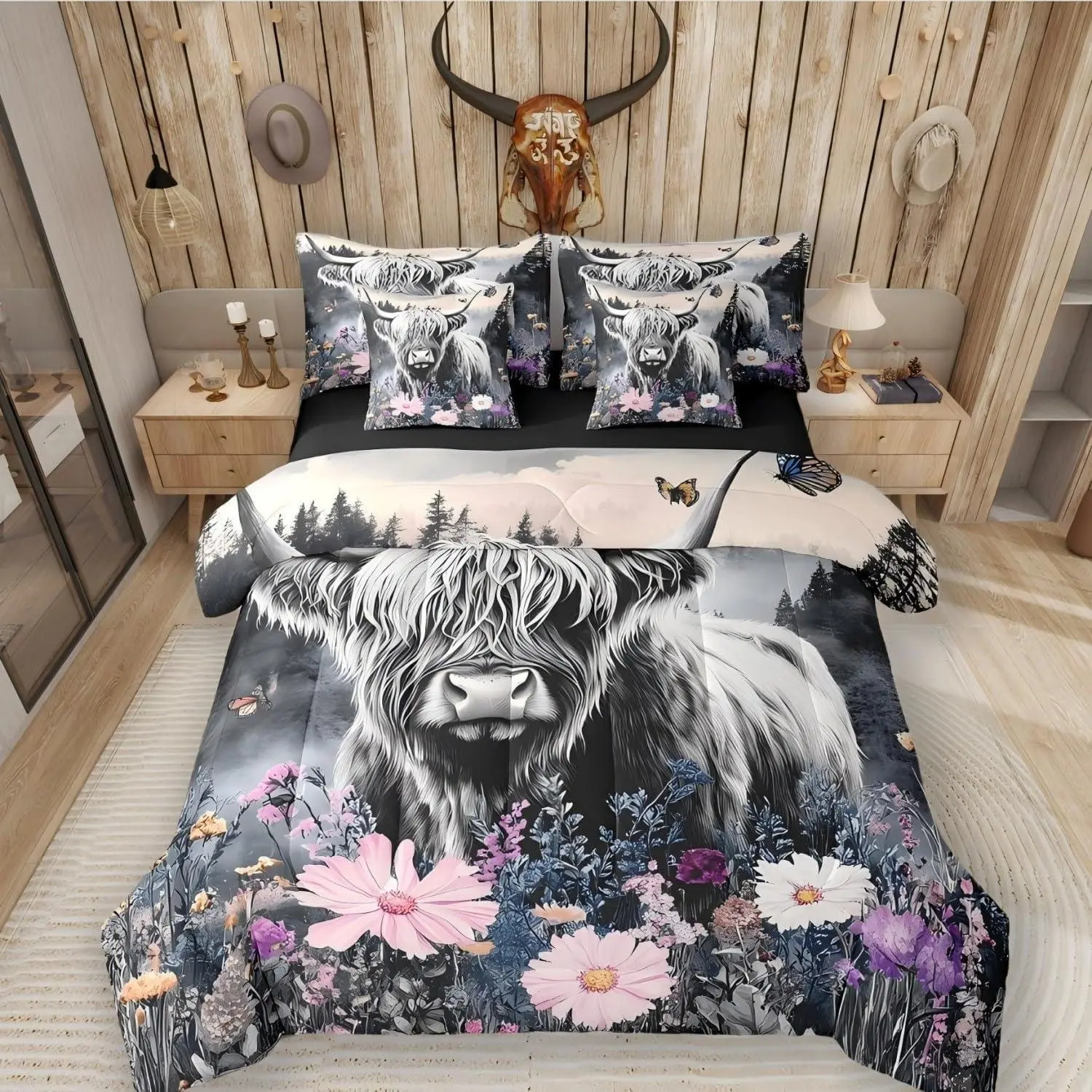 Feelyou 7-Piece Highland Cow Bedding Set - Decorative Microfiber Bed Comforter Queen, Longhorn Bull Cattle Flowers Western Animals Design, Sheet Set with Mountain Theme, Decorative Bedding Set