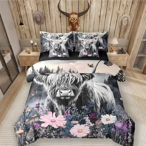 Highland Cow Bed Bag,Comforter Bed Set,7 Piece,Longhorn Bull Cattle Flowers Bedding Set,Western Animals Comforter,and Sheet Set,Mountain
