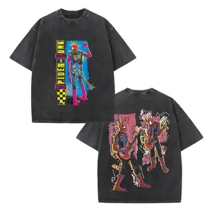 Retro Spider-Punk (Hobie Brown) "Colorful Punk Rock" Double-Sided Vintage Washed T-Shirt, MCU Spider-Verse Graphic Tee, Unisex Oversized Heavyweight Cotton Streetwear Top, Ideal Gift for Spider-Verse Fans & Punk Lovers