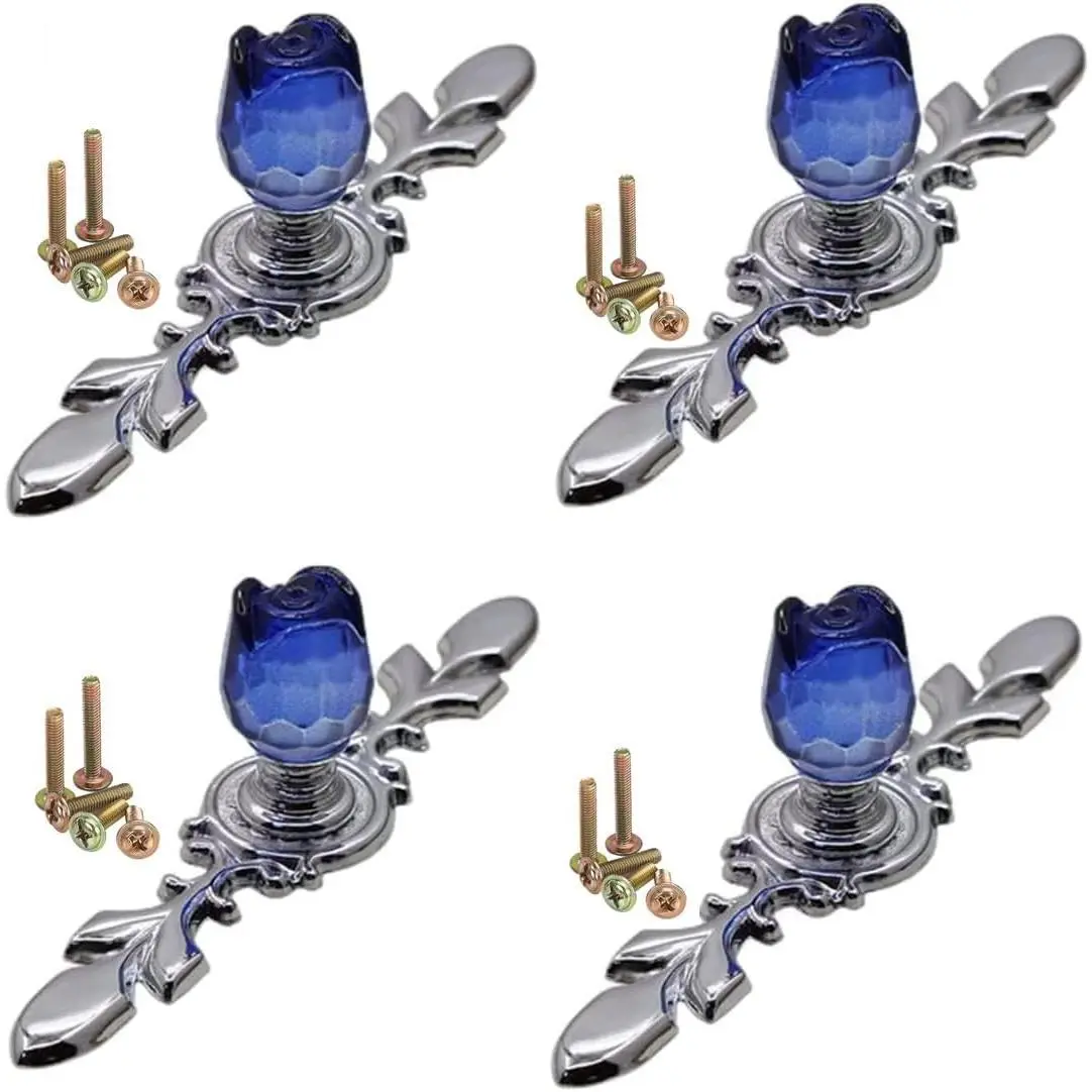 4 Pack Drawer Dresser Knobs Pull Handles,Rose Flower Clear Crystal Glass Decorative Knobs with Plate,Cabinet Cupboard Door Knobs with (Small -Blue)