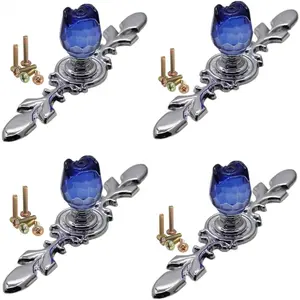 4 Pack Drawer Dresser Knobs Pull Handles,Rose Flower Clear Crystal Glass Decorative Knobs with Plate,Cabinet Cupboard Door Knobs with (Small -Blue)