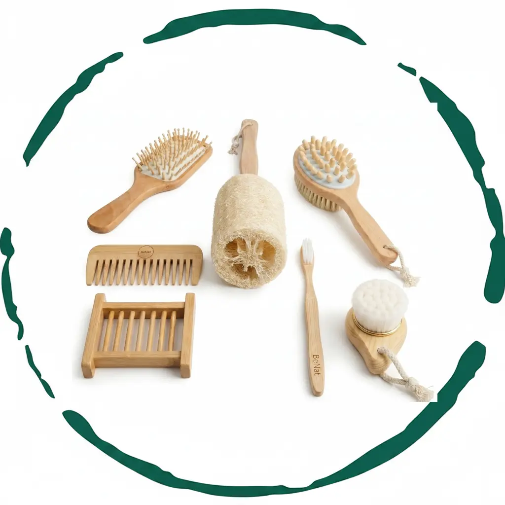 Zero-Waste Bath Accessories Bundle - Bamboo Bath and Body Care Set - 7-in-1 Eco-Friendly Bathroom Accessories Kit with Boar Bristle Back Brush, Shower Loofah, Hair Brush, Face Brush, Wooden Comb, Bamboo Toothbrush, and Soap Holder