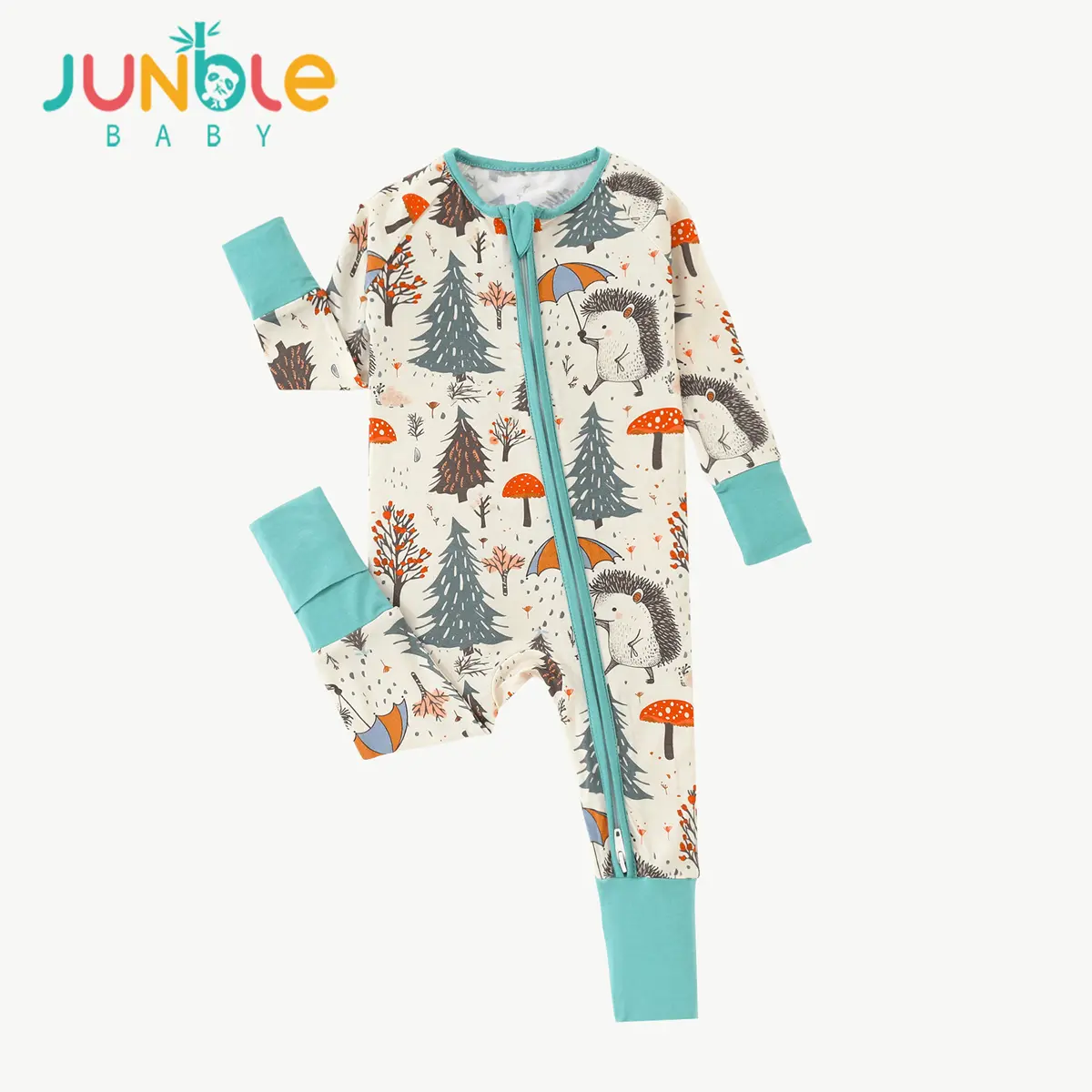JUNBLEBABY Unisex Baby Slim-Fitting Bamboo Footie Romper, Cute Christmas Tree & Hedgehog Print Jumpsuit, Long Sleeve 1-Piece with 2-Way Zipper & Convertible Cuffs, One Piece, Bodysuit