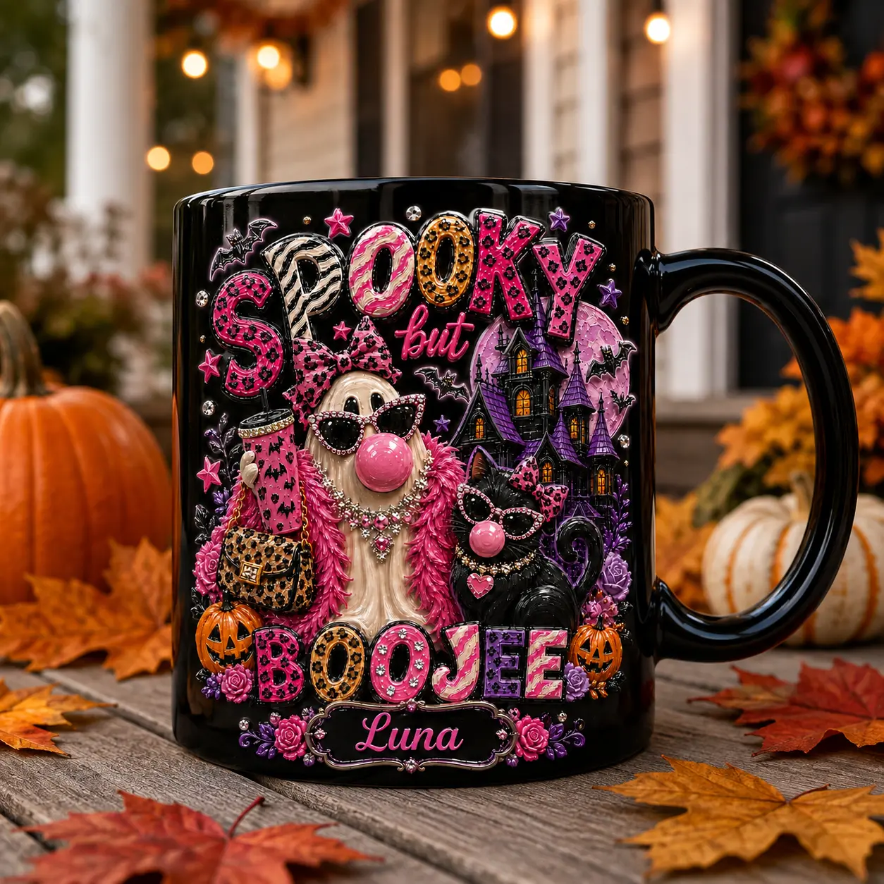 3D EFFECT Personalized Spooky But Boujee Mug, Custom Name Halloween Ghost Black Cat Pink Leopard Coffee Cup Cute Glam Spooky Gift for Women