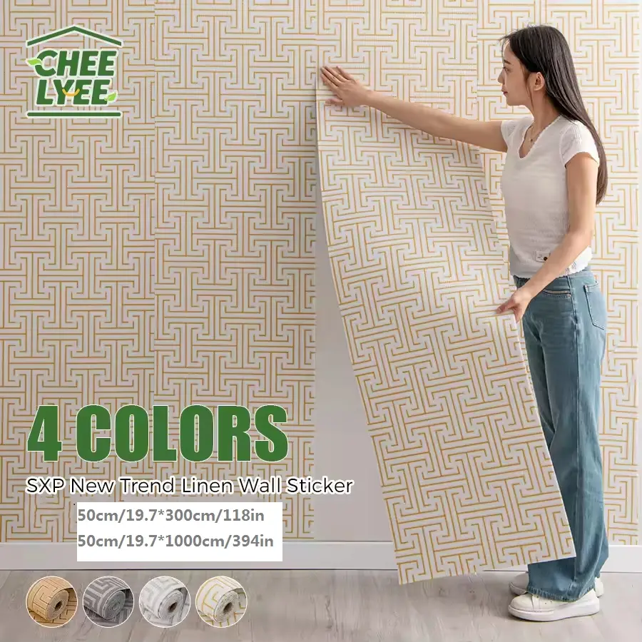 Geometric Pattern Self-Adhesive Wallpaper, DIY Chinese Style Linen Removable Wall Sticker, Easy Clean Decor for Bedroom Living Room Dining Hall Hotel Walls