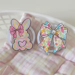Cute Easter Day Phone Grip With Bunny And Floral Bow Design, Pastel Spring Theme Phone Stand Accessory, Kindle grip, Pop Socket, Phone accessories, Kindle Accessories
