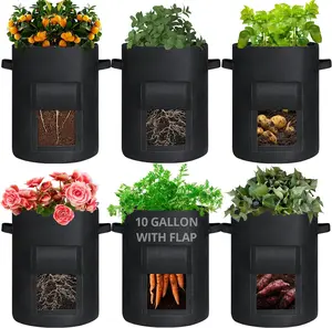 6 Pack 10 Gallon Potato Grow Bags with Flap, Thickened Nonwoven Fabric Grow Bags for Growing Potatoes, Carrots, Onion, etc Vegetables, Plants & Fruits - Black