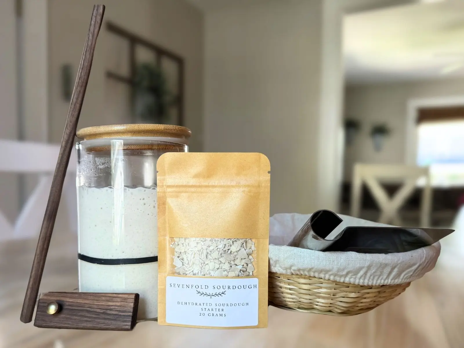 Sourdough Bread Kit with Basket Bread Making Kit Dehydrated Starter Retractable Bread Lame Wooden Stir Stick Bamboo Basket Gift for Baker
