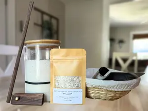 Sourdough Bread Kit with Basket Bread Making Kit Dehydrated Starter Retractable Bread Lame Wooden Stir Stick Bamboo Basket Gift for Baker