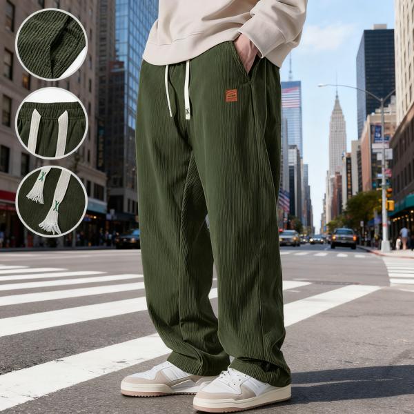 Trendy Brand 2 PIECE SET Men's Corduroy Straight Leg Sweatpants Autumn New Arrival Loose Fit Wide Leg Casual Pants for Autumn & Winter Menswear Trouser Beige Plain Black + Olive Green Pocket casual comfy loose fitting trouser durable fabric