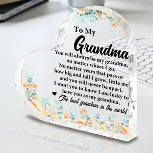 To My Grandma Heart Shaped Acrylic Plaque Floral Keepsake Gift for Grandmother Mother's Day Birthday Desktop Ornament Home Office Decor Standalone