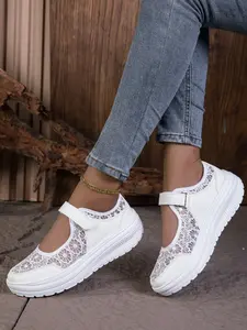 Stylish Women's Sneakers - Casual Lace Thick-Sole Walking Shoes, Hollow Out & Breathable, Velcro Design, Gentle Style for Daily Skirt Outfits, Perfect for Everyday Wear