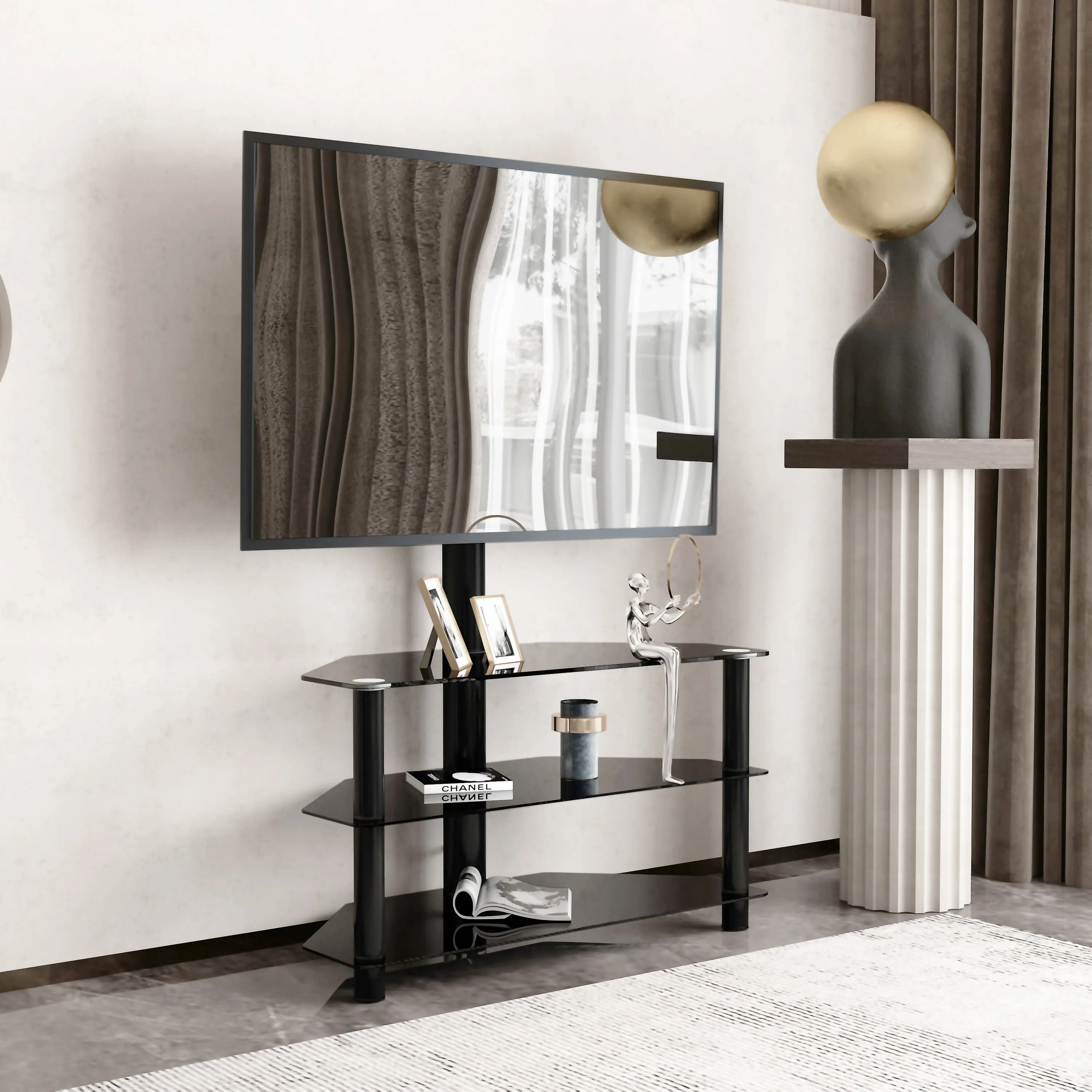 Ultimate Space-Saving TV Solution – 35.4" Black Swivel Stand with 110lbs Capacity, 3-Tier Height-Adjustable Bracket for 32"-65" Screens Living Room Apartment Furniture Modern Minimal