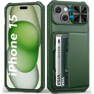 For Iphone 15, Iphone 14, Iphone 13 Wallet Case with Card Holder(4-5 Cards), Slide Camera Cover, Military & RFID Protection, Heavy Duty Women Men Protective Phone Case for Iphone15/14/13, Green BXYJY