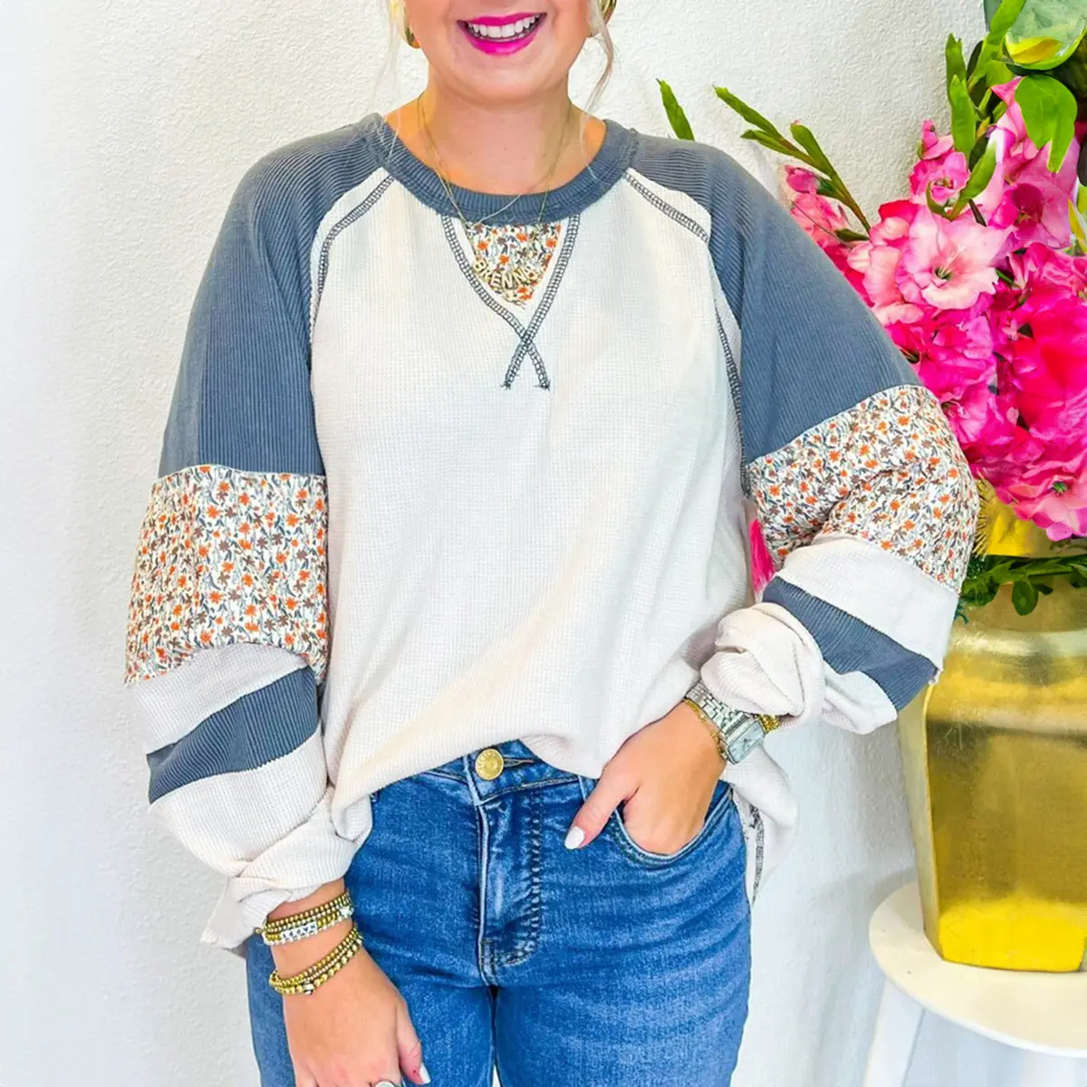 Women's Waffle Knit Crew Neck Cotton Shirt - Casual Long Sleeve Pull-On Top with Floral Patchwork Raglan Sleeves, Knitwear for Everyday Ready-to-Wear Elegance