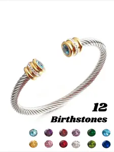 Unisex Casual Fashion Stainless Steel Birthstone Cuff Bracelet, Zinc Alloy Chain, All Seasons Wear, Rhinestone Decor Bangles