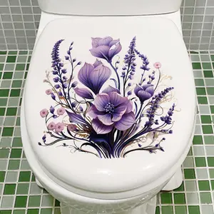 Purple Flower Ring Bathroom Toilet Sticker, Self-Adhesive Door Decoration Wall Decal, Toilet Tile Background Decor, Bathroom Decorations, Bathroom Decoration Accessories