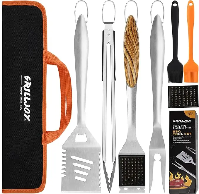 Grilljoy 8PCS Heavy Duty BBQ Utensil Set - Extra Thick Stainless Steel Spatula, Fork, Tongs, Brush, Portable Bag - Complete Barbecue Accessories Kit, Ideal Gift for BBQ Grill Enthusiasts