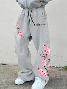 Unisex Casual Straight Leg Sport Pants, Sakura Ink Print Drawstring Waist, All-Season Versatile Bottoms, Fitted Graphic Style