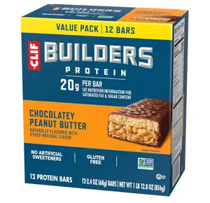 CLIF BUILDERS Protein Bars - Chocolate Peanut Butter Flavor - 20g Plant Based Protein - Gluten Free - Non-GMO - Low Glycemic - No Artificial Sweeteners - Value Pack, 2.4 oz. (12 Count)