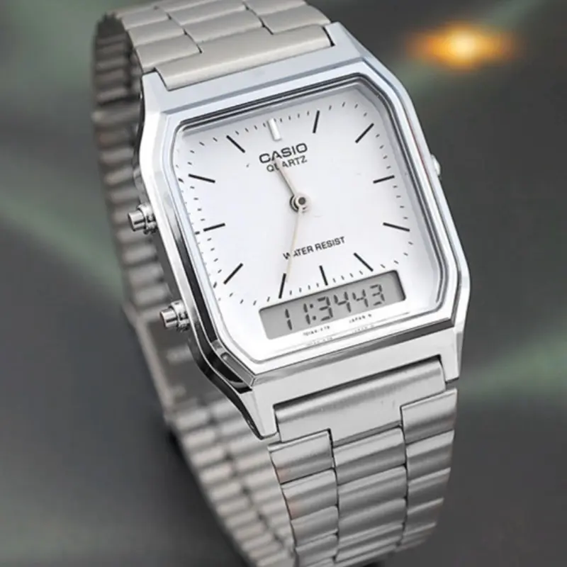 New CASIO AQ-230A-7D White Dial Dual time Stainless Steel Band Watch AQ230A Fashionable Wristwatch Casual Wristwatch