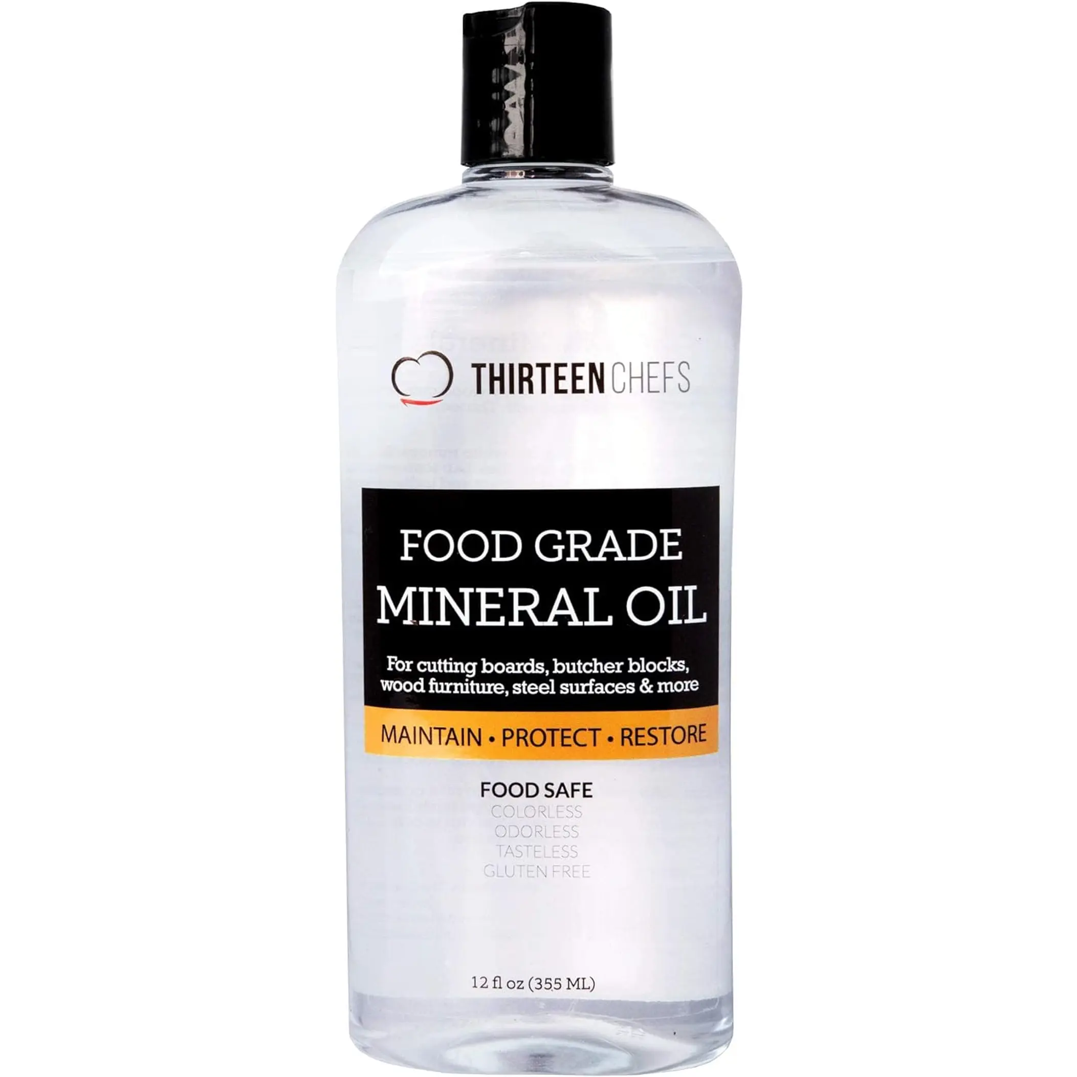 Thirteen Chefs Mineral Oil - 12Oz Food Grade Conditioner for Wood Cutting Board, Countertop & Butcher Block, Lubricant for Knife or Meat Grinder - Safe USP Finish on Marble, Soapstone Thirteen Chefs