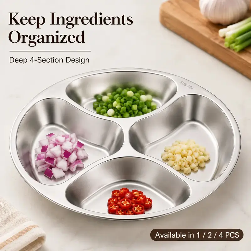 4 Compartment Stainless Steel Divided Plate, Round Sectioned Food Tray with Separate Compartments, Reusable Portable Serving Plate for Meal Prep, Kitchen Cooking, Camping, Picnics, BBQs and Everyday Dining